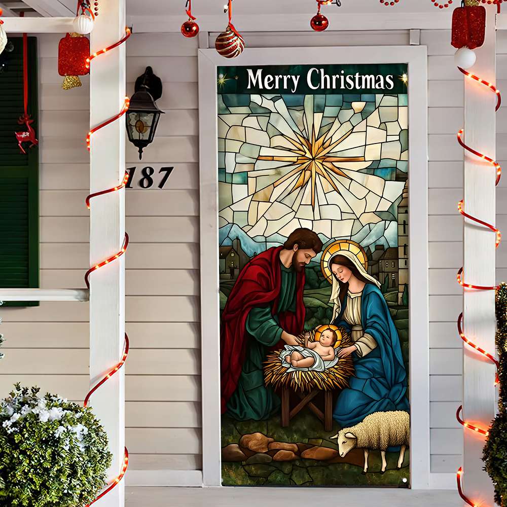 Nativity Scene Christmas Door Cover - Holy Night Christ Born