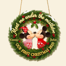 Load image into Gallery viewer, “Meet Me Under the Mistletoe” - Personalized Kissing Couple Laurel Wreath Wood Sign - Custom Gift for Couples, Newlyweds, and Special Occasions Wood Sign PopCulturePrints
