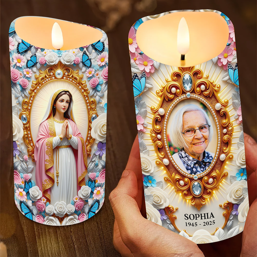 "Illuminate their memory with grace - Remembrance Virgin Mary Custom Photo LED Candle Gift for Loved Ones" Led Candle PopCulturePrints