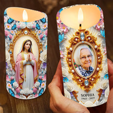 Load image into Gallery viewer, &quot;Illuminate their memory with grace - Remembrance Virgin Mary Custom Photo LED Candle Gift for Loved Ones&quot; Led Candle PopCulturePrints
