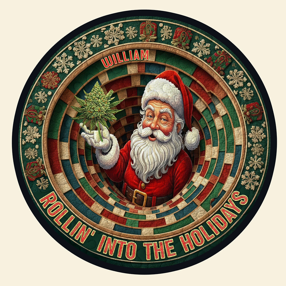 “Rollin’ Into The Holidays” – Personalized Chill Santa Round Rug – Perfect Gift for Family and Friends Doormat PopCulturePrints
