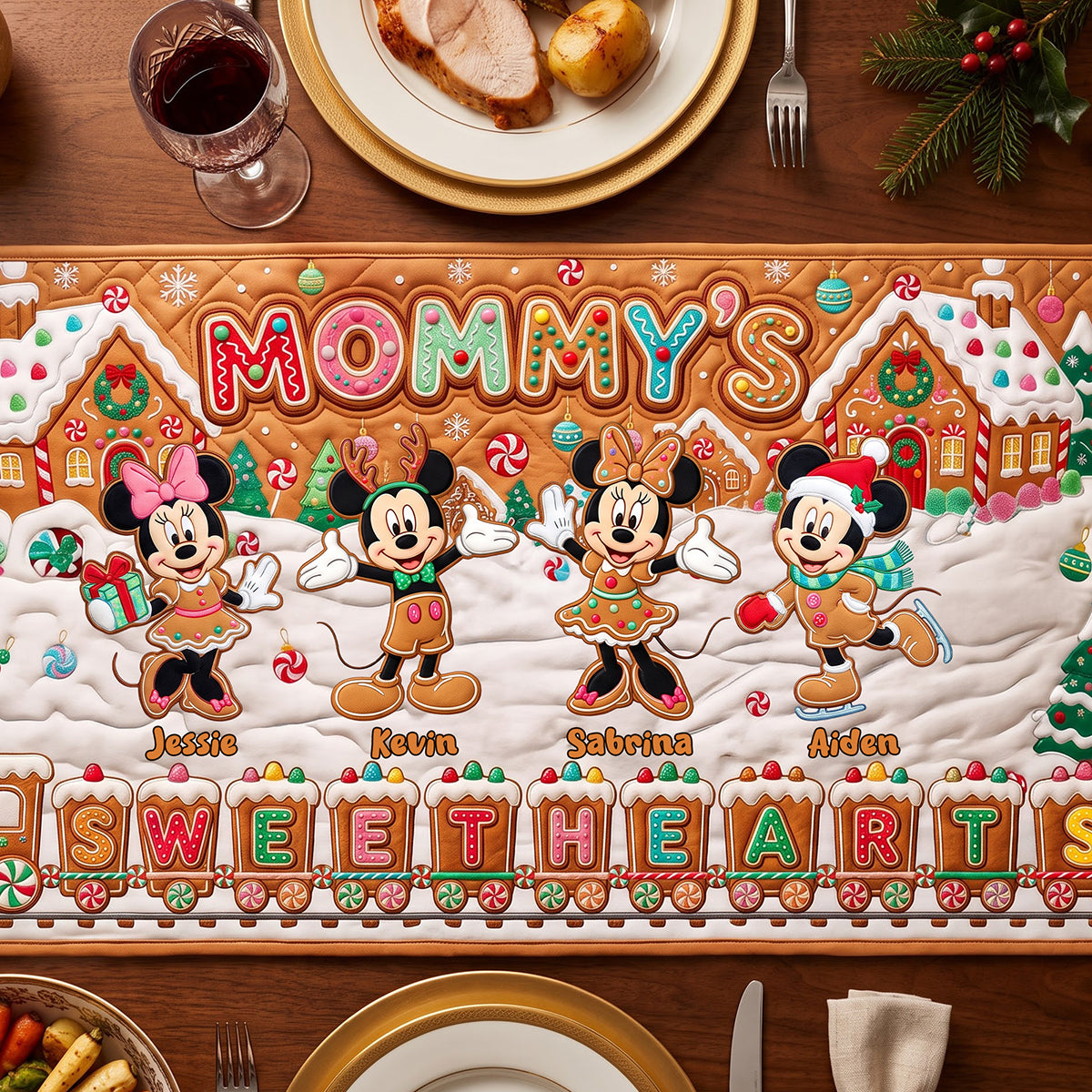 "Mommy's Sweethearts" - Personalized Gingerbread Family Quilted Table Runner - Perfect Gift for Moms and Grandmas Quilted Table Runner PopCulturePrints