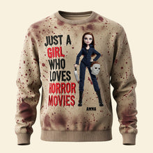 Load image into Gallery viewer, Just a Girl Who Loves Horror Movies Sweatshirt - Personalized Gift for Halloween Fans AOP Products PopCulturePrints

