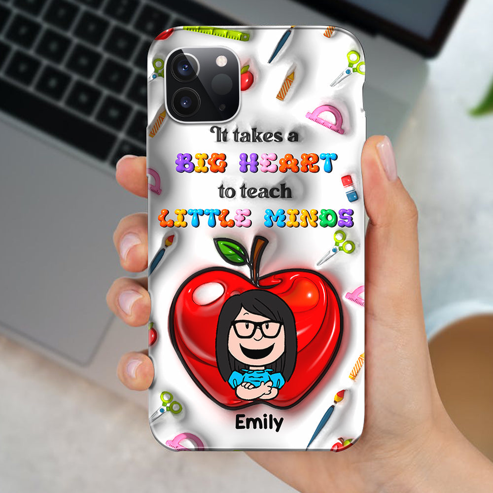 Personalized Teacher Appreciation Phone Case with Cartoon Character – 'It Takes a Big Heart to Teach Little Minds'