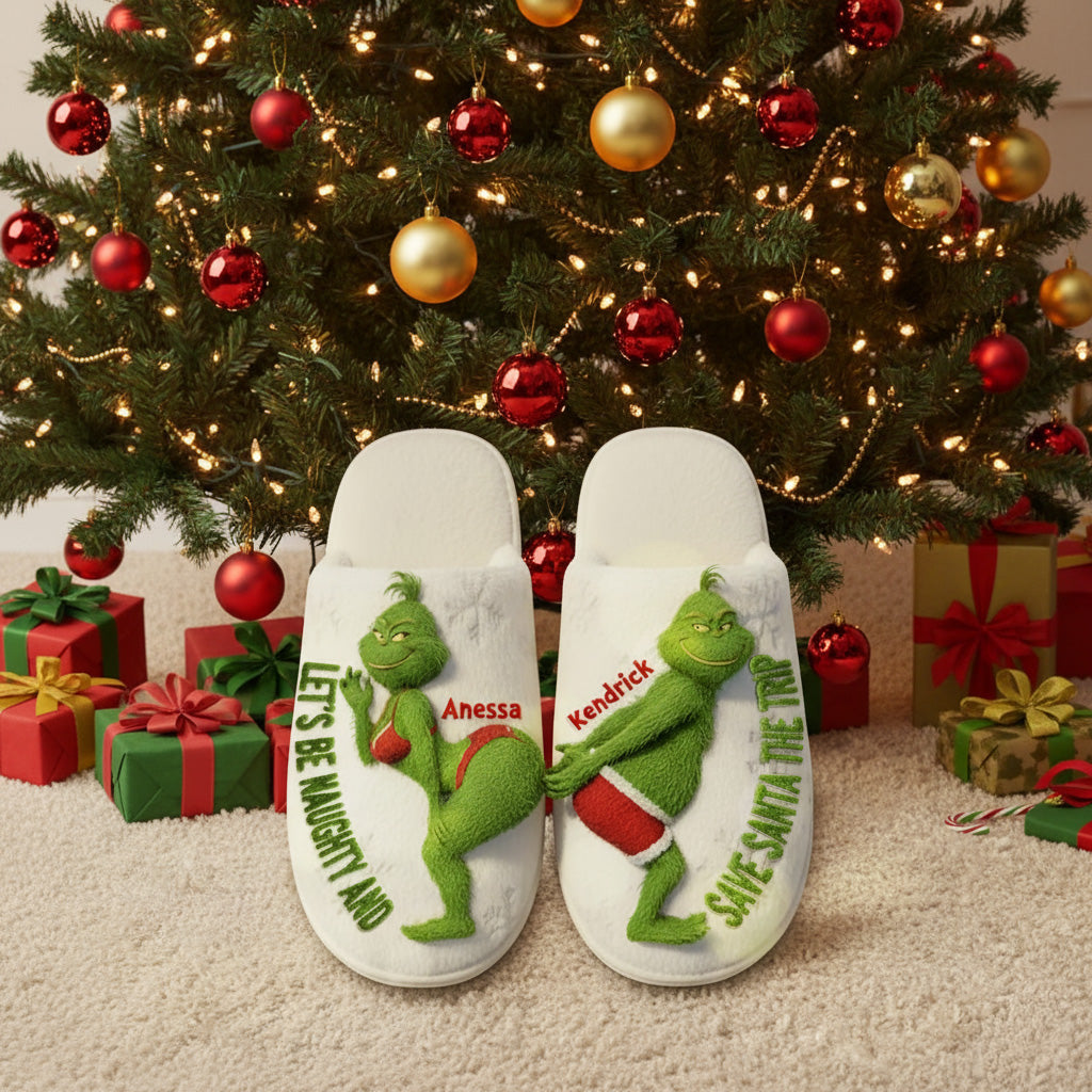“Let's Be Naughty and Save Santa the Trip” - Personalized Christmas Gifts for Couples Home Slippers Shoes PopCulturePrints