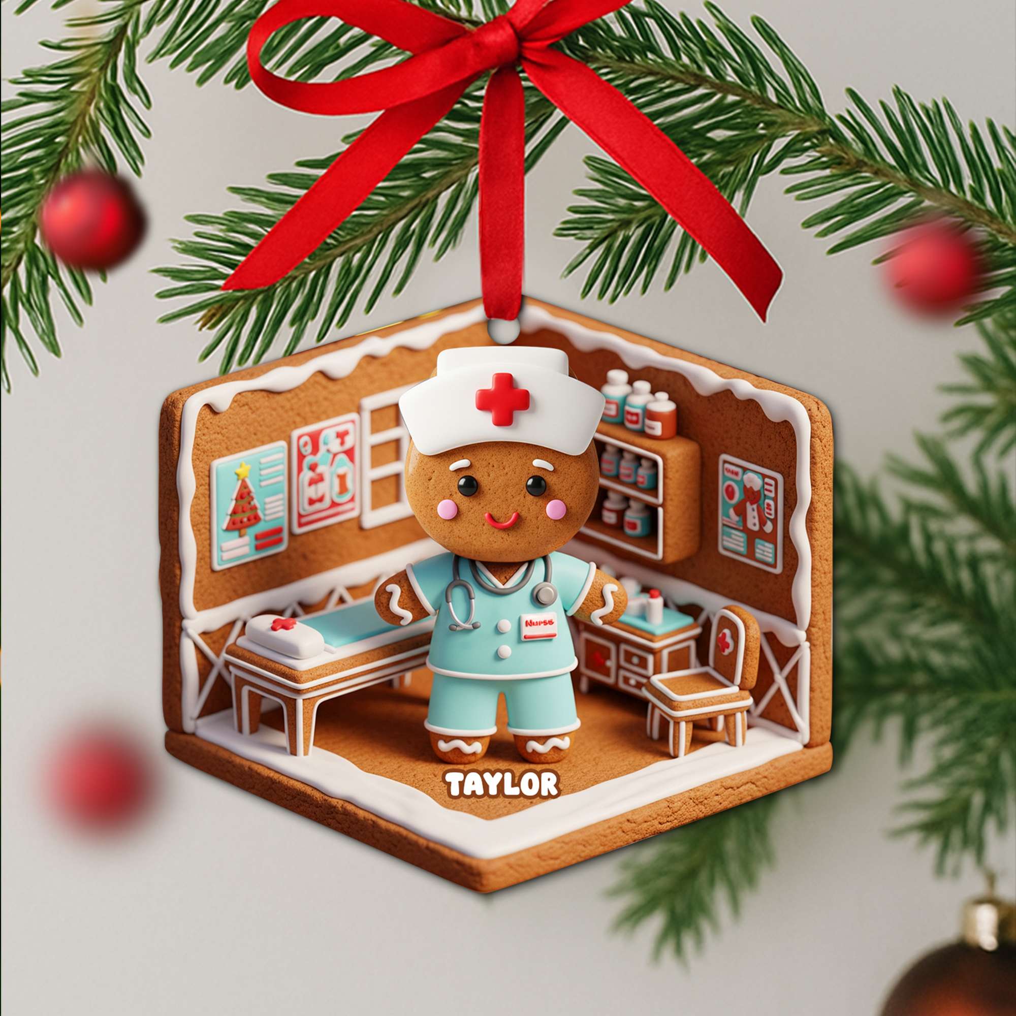 “Celebrate Care with a Touch of Sweetness” - Personalized Nurse Gingerbread Christmas Ornament - Unique Gift for Nurses, Healthcare Workers, and Holiday Celebrations Ornament PopCulturePrints