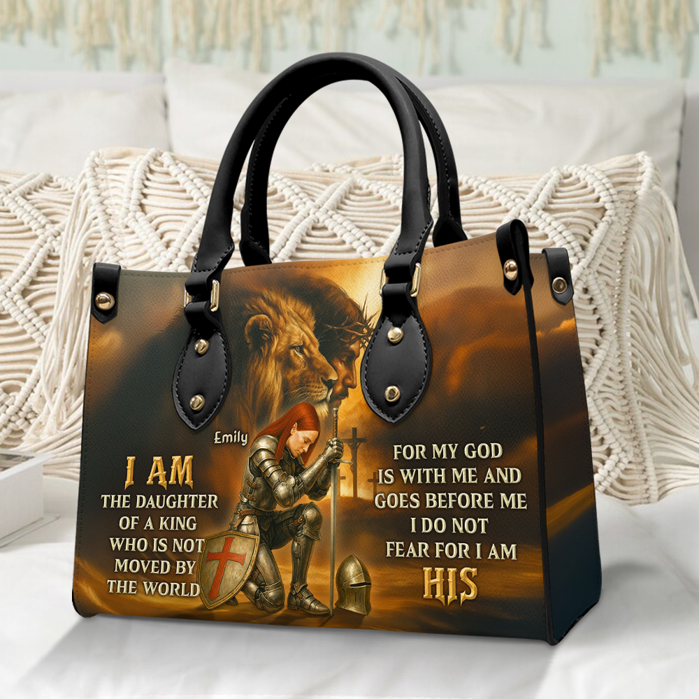 I Am The Daughter Of A King – Personalized Kneeing Knight Leather Bag for Christians Leather Bag PopCulturePrints