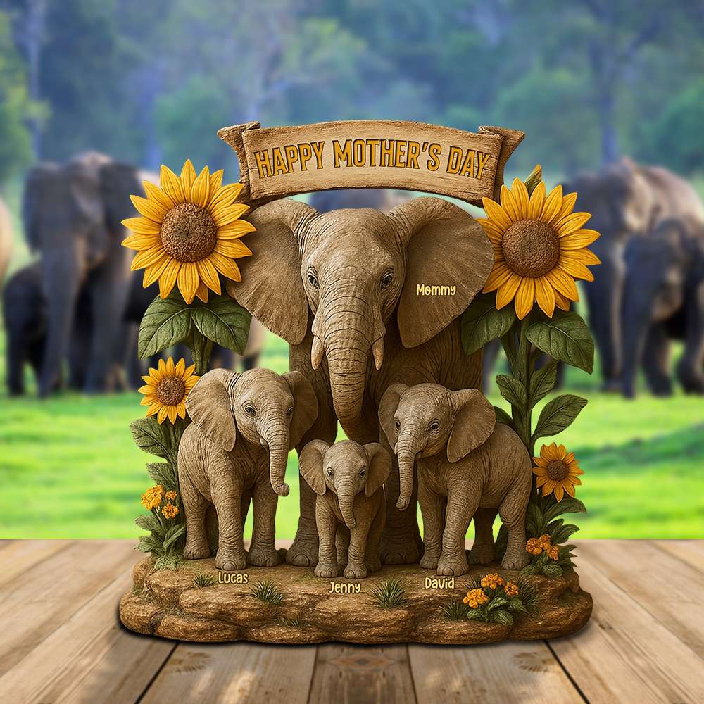Happy Mother's Day - Personalized Elephant Family Plaque - Unique Gift for Mom & Grandma Shaped Plaques PopCulturePrints