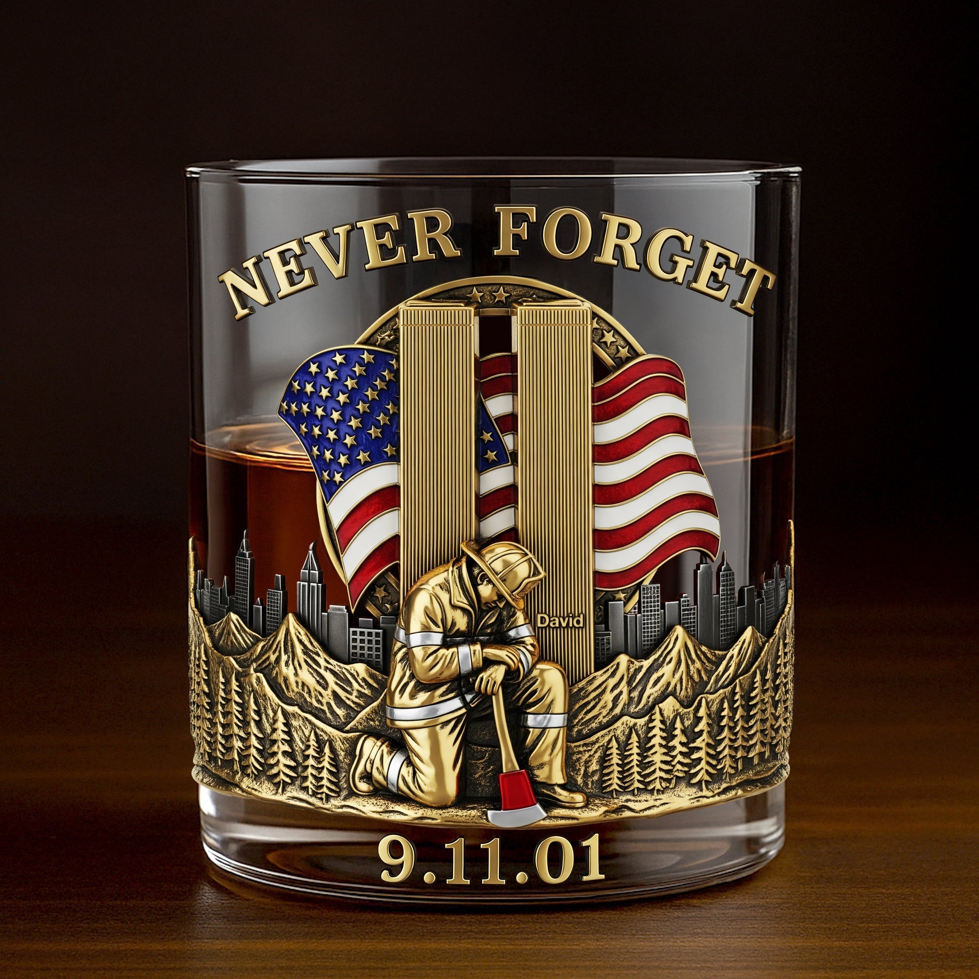 “Never Forget” - Custom 911 Firefighter Whiskey Glass - Personalized Gift for Firefighters, Heroes, and First Responders Whiskey Glass PopCulturePrints