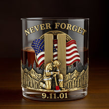 Load image into Gallery viewer, “Never Forget” - Custom 911 Firefighter Whiskey Glass - Personalized Gift for Firefighters, Heroes, and First Responders Whiskey Glass PopCulturePrints
