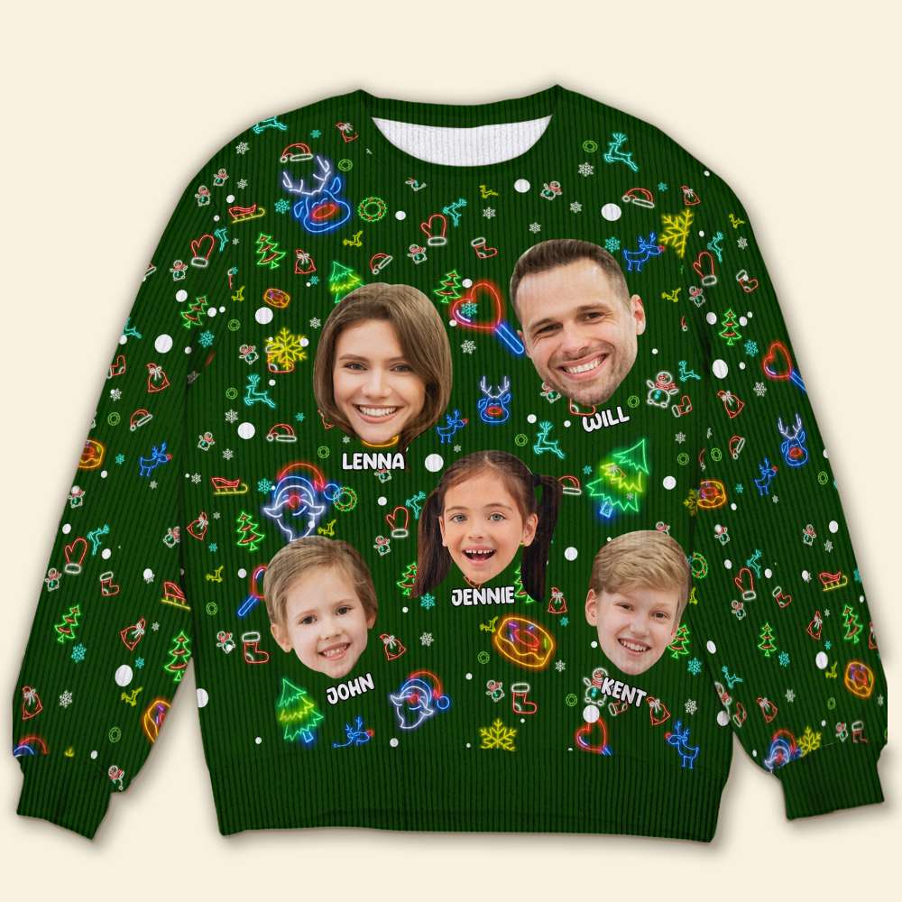 Personalized Neon Christmas Photo Sweater - Custom Family Gift