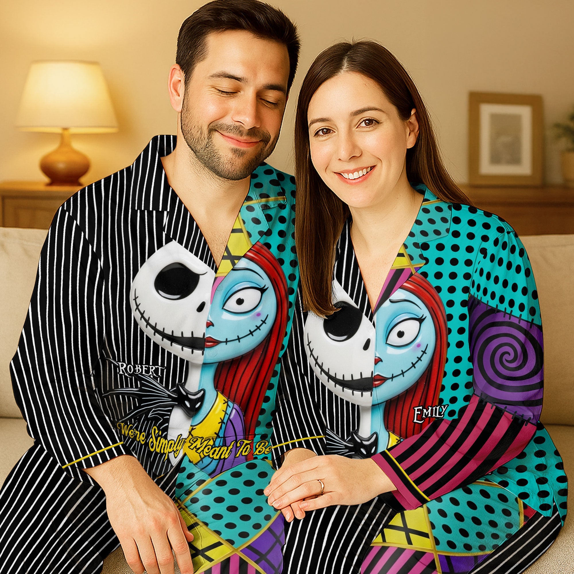 We're Simply Meant To Be - Spooky Couple Button Up Pajama Set - Personalized Gift for Couples Pajama Set PopCulturePrints