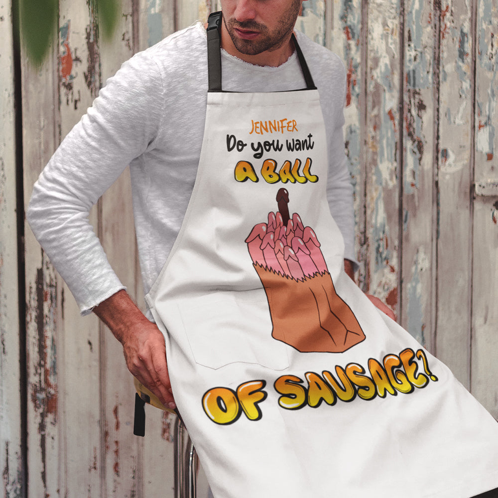 Personalized Fun Apron for Couples: 'Do You Want A Ball Of Sausage?' Aprons PopCulturePrints