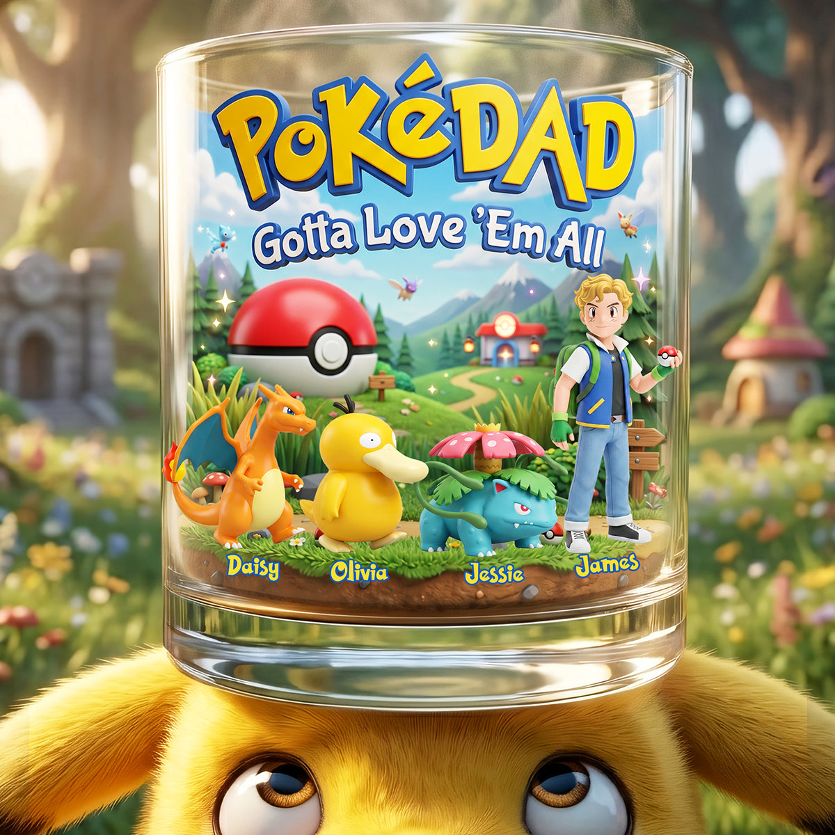 “Gotta Love 'Em All” - Adventure Game Dad and Kids Round Glass - Personalized Gift for Dads, Grandpas, and Gamers Glass PopCulturePrints