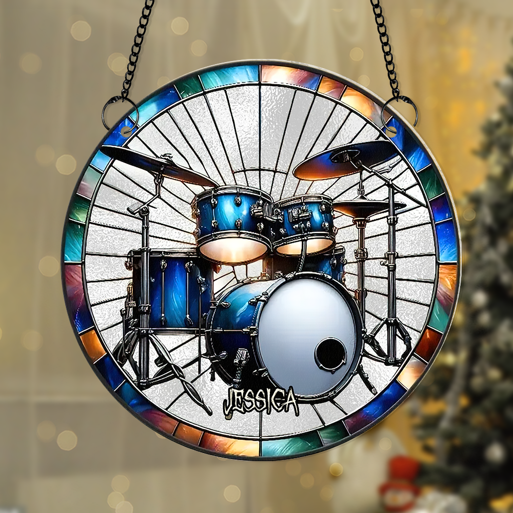 Personalized Suncatcher Ornament for Drum Lovers - Skeleton Drummer Design