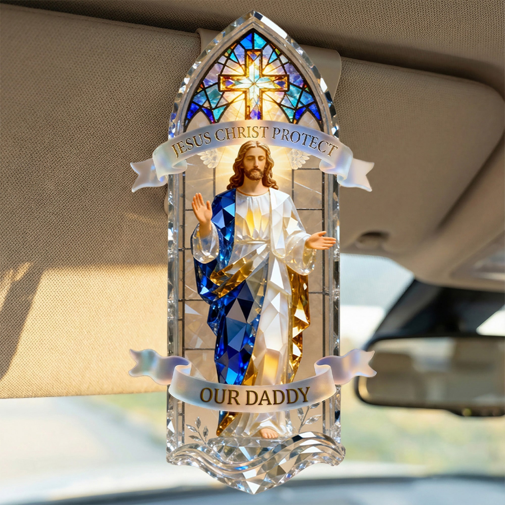Ave Maria Protect - Personalized Religious Car Visor Clip for Mom Car Visor Clip PopCulturePrints