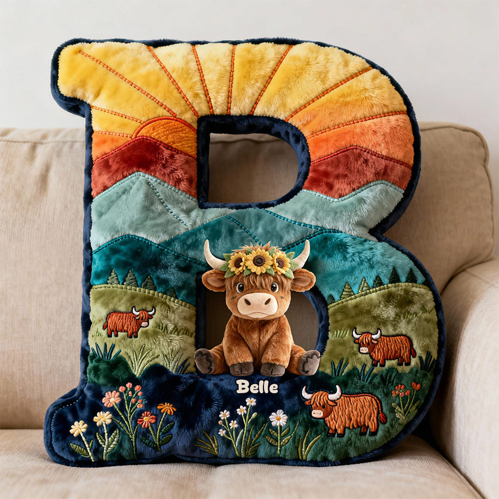 Bring a Smile with Our Cute Highland Cow Alphabet Initial Letter Shaped Pillow - Perfect Personalized Gift for Highland Cow Lovers! Pillow PopCulturePrints