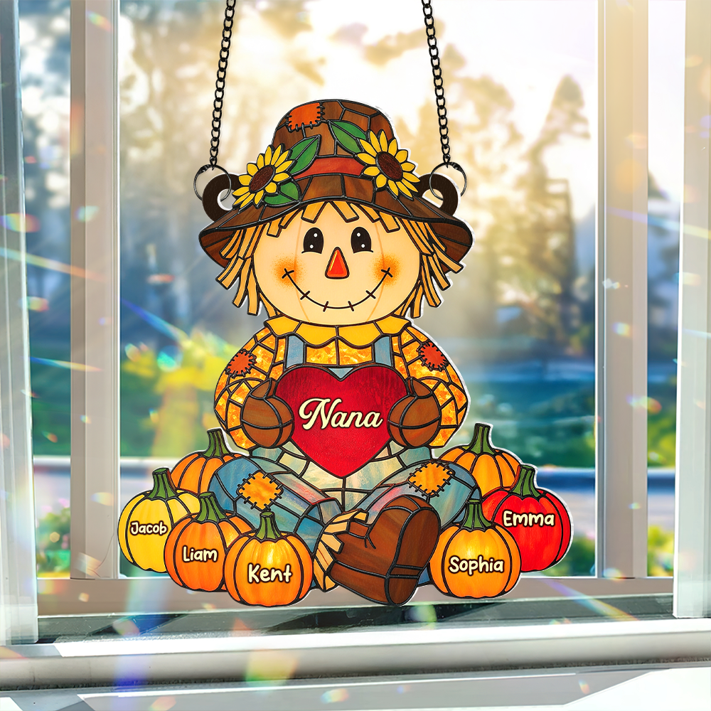 “A Grandma's Love Shines Bright” - Autumn Scarecrow Suncatcher - Personalized Gift for Grandma, Nana, Mom and Special Loved Ones Ornament PopCulturePrints
