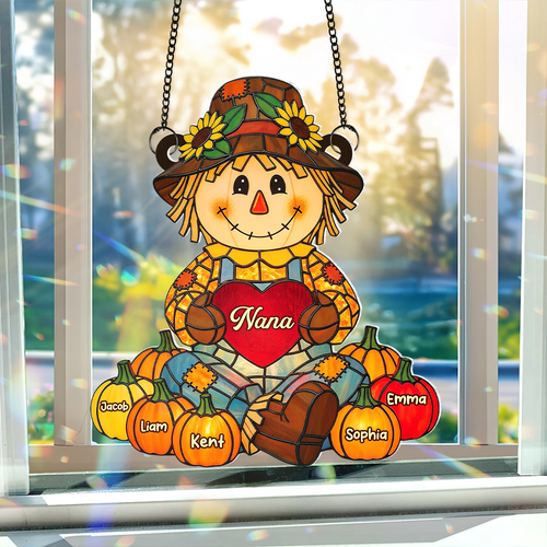“A Grandma's Love Shines Bright” - Autumn Scarecrow Suncatcher - Personalized Gift for Grandma, Nana, Mom and Special Loved Ones Ornament PopCulturePrints