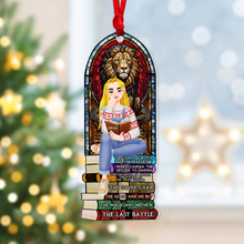 Load image into Gallery viewer, Custom Ornament for Book Enthusiasts - Girl on Book Stack Ornament PopCulturePrints
