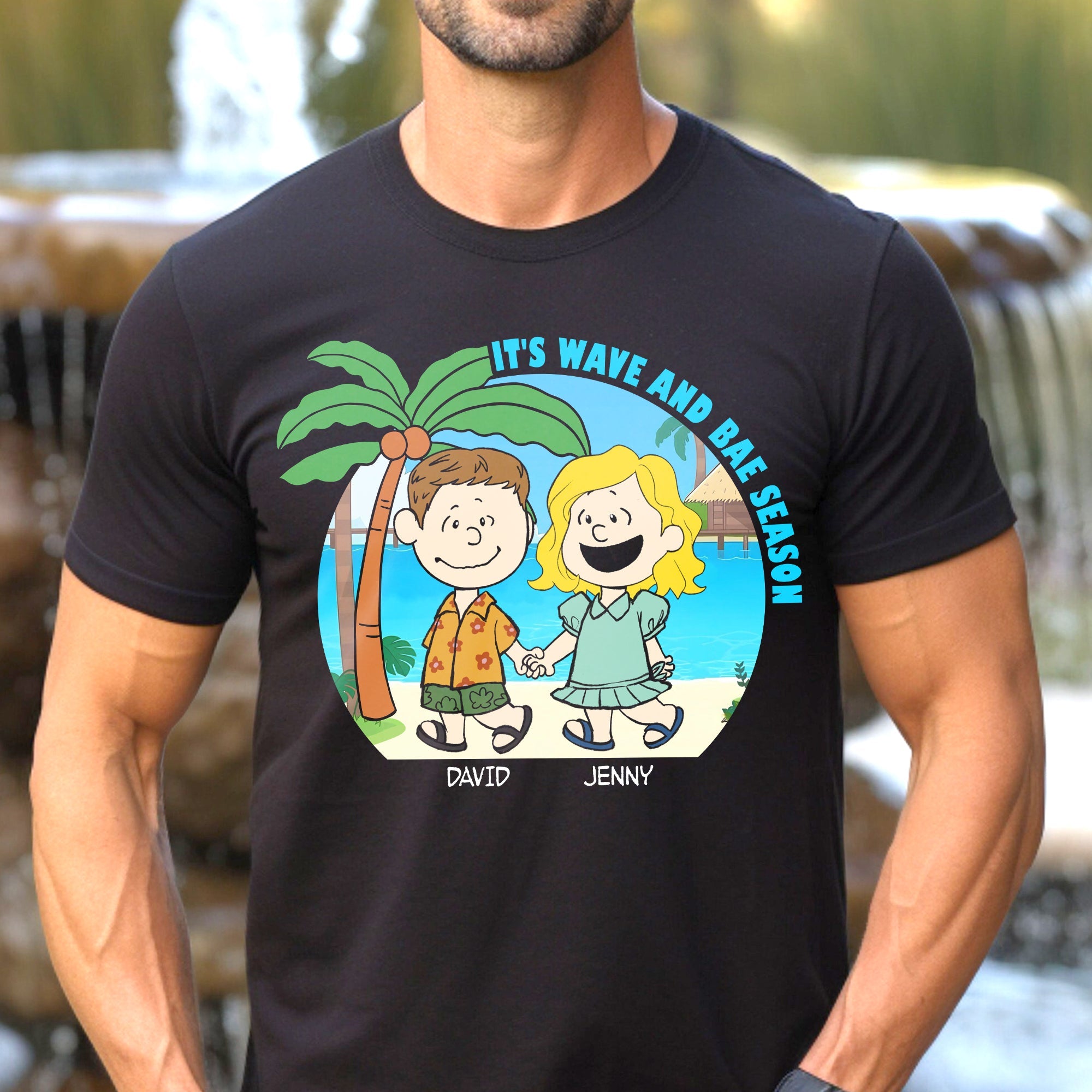 Personalized Cartoon Couple Beach Vacation T-Shirt - Wave and Bae Season