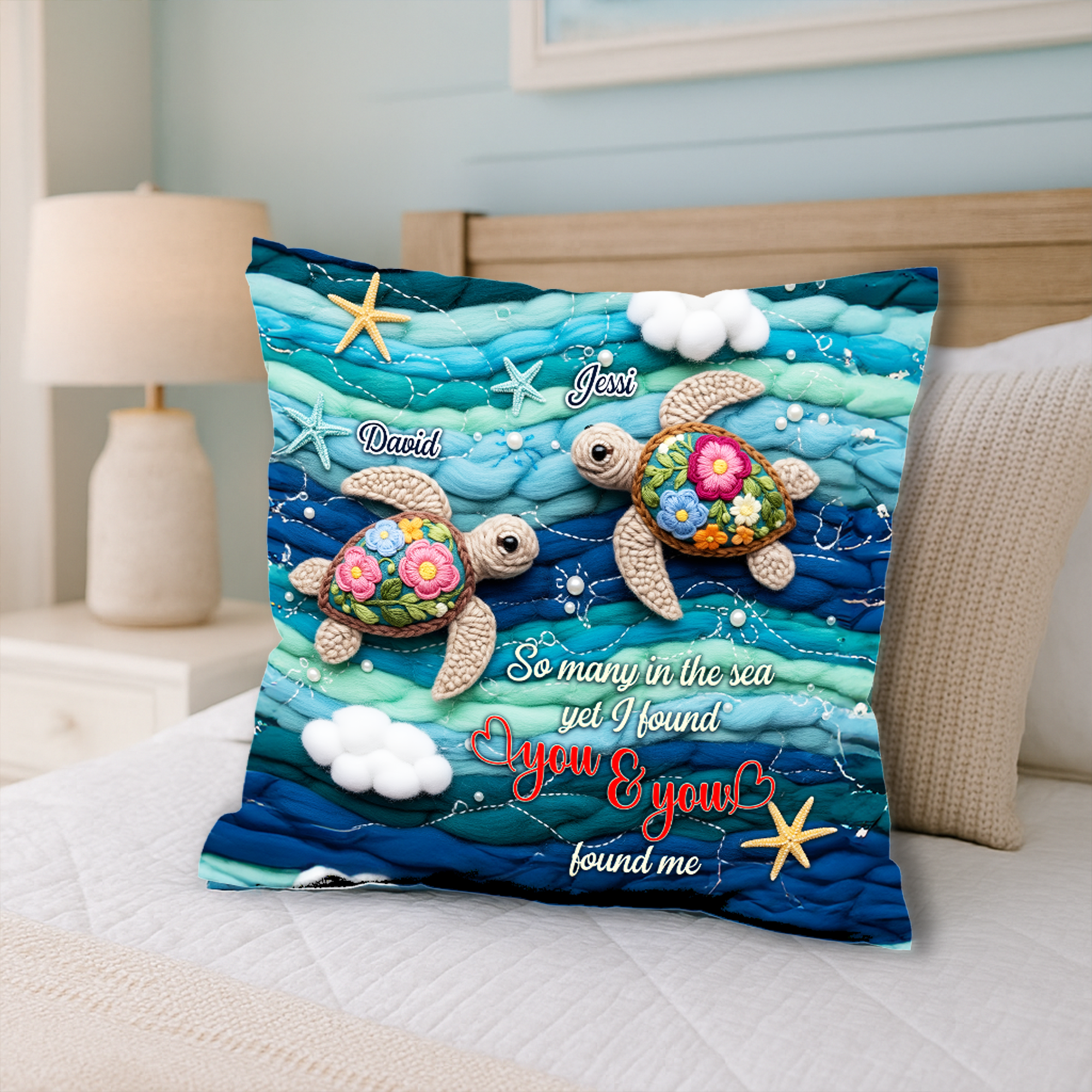 So Many in the Sea, Yet I Found You - Ocean Turtle Couple Square Pillow Pillow PopCulturePrints