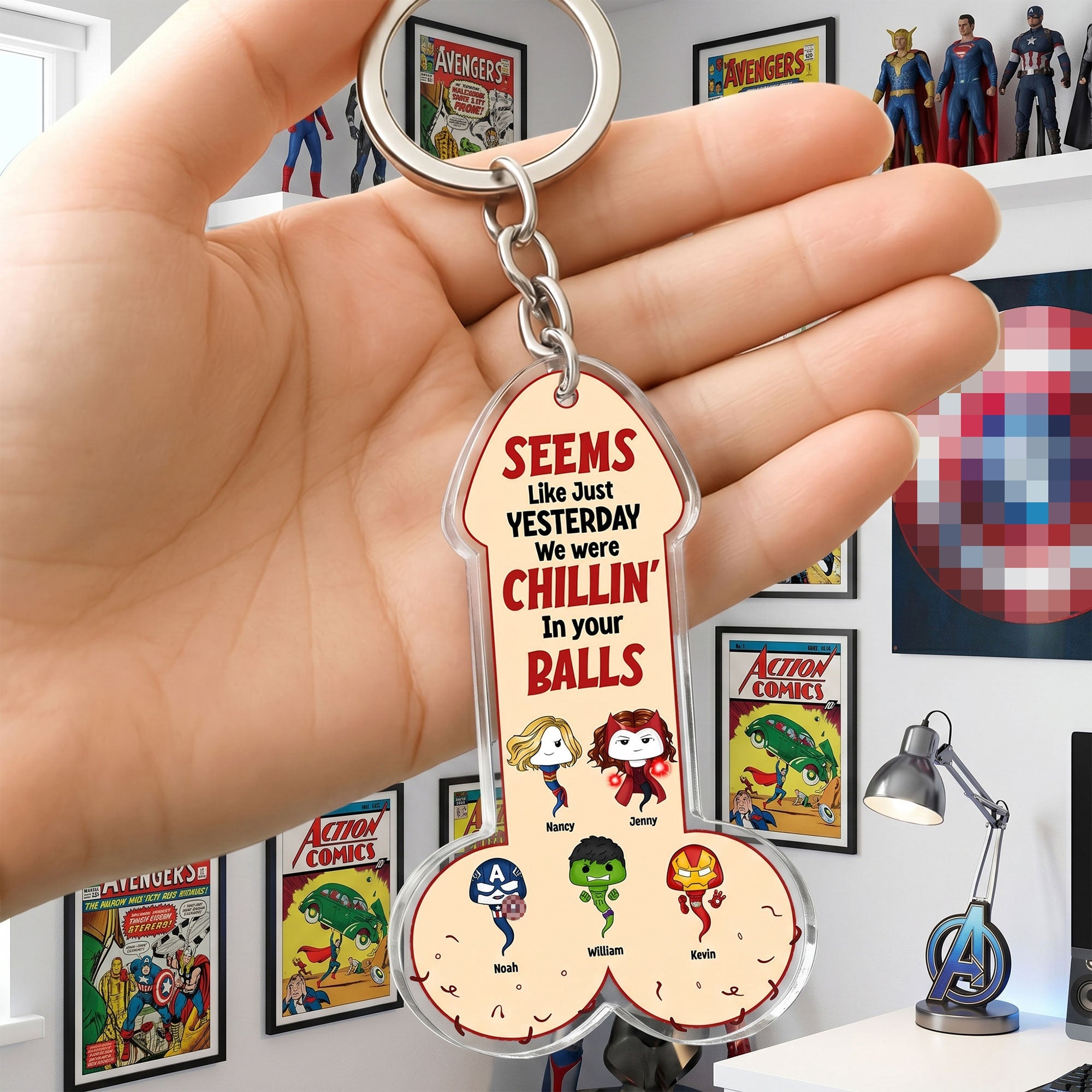 “Chillin’ In Your Balls” - Customizable Super Sperm Dad Keychain - Unique Gift for Dad, Grandpa, and More! Keychains PopCulturePrints