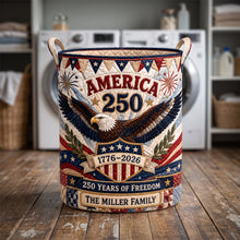Load image into Gallery viewer, "Celebrate Freedom with Pride - Personalized America 250th Anniversary Quilted Laundry Basket - A Perfect Gift for Patriotic Families"

