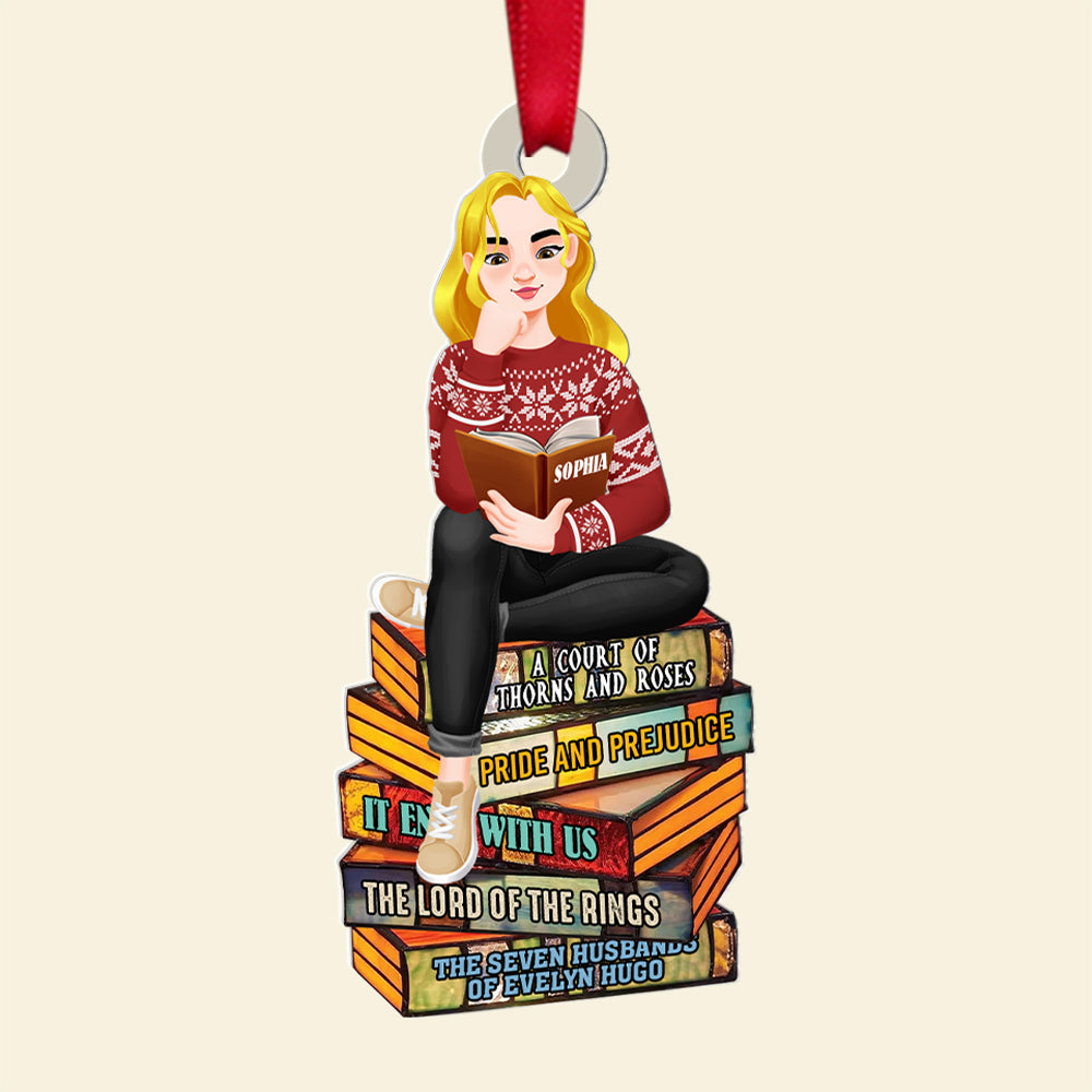 Personalized Book Lover Christmas Ornament - Girl Reading on Book Stack