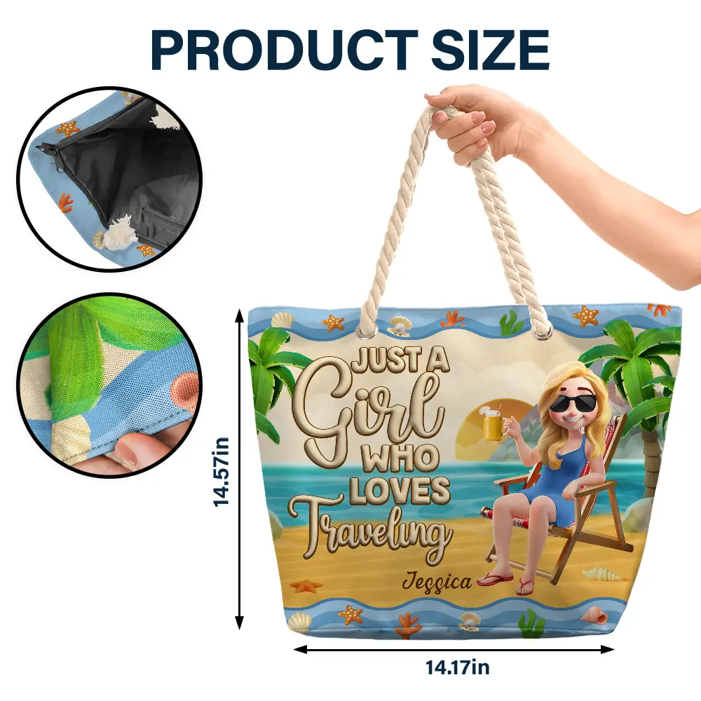 Just A Girl Who Loves Beaches Cartoon - Personalized Beach Bag | A Perfect Gift for Moms and Grandmas Beach Bag PopCulturePrints
