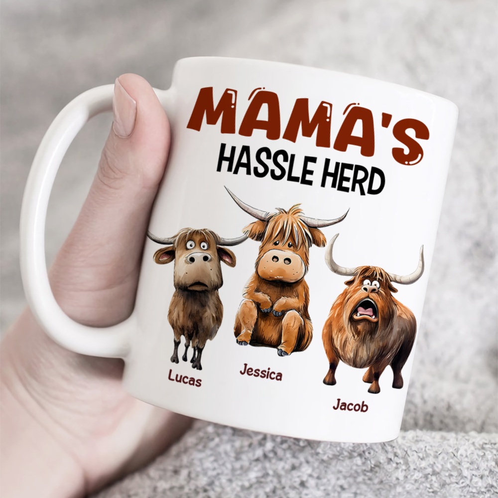 Personalized Mama's Hassle Herd Coffee Mug - Funny Highland Cow Gift Coffee Mug PopCulturePrints