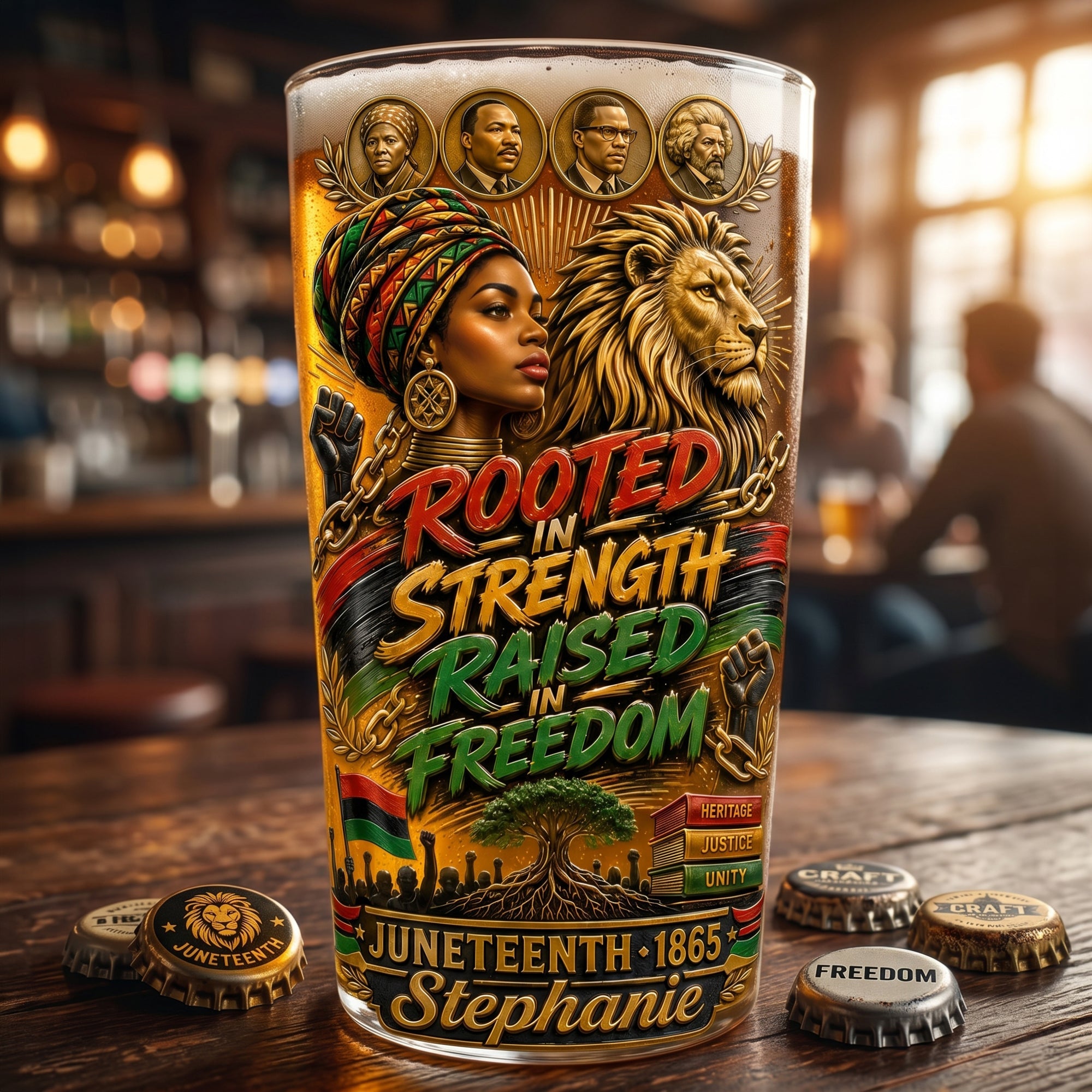 Rooted in Strength, Raised in Freedom - Personalized Black History Month Beer Glass