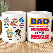 Load image into Gallery viewer, Personalized Superhero Dad Mug - Thank You for Running to the Rescue Coffee Mug PopCulturePrints
