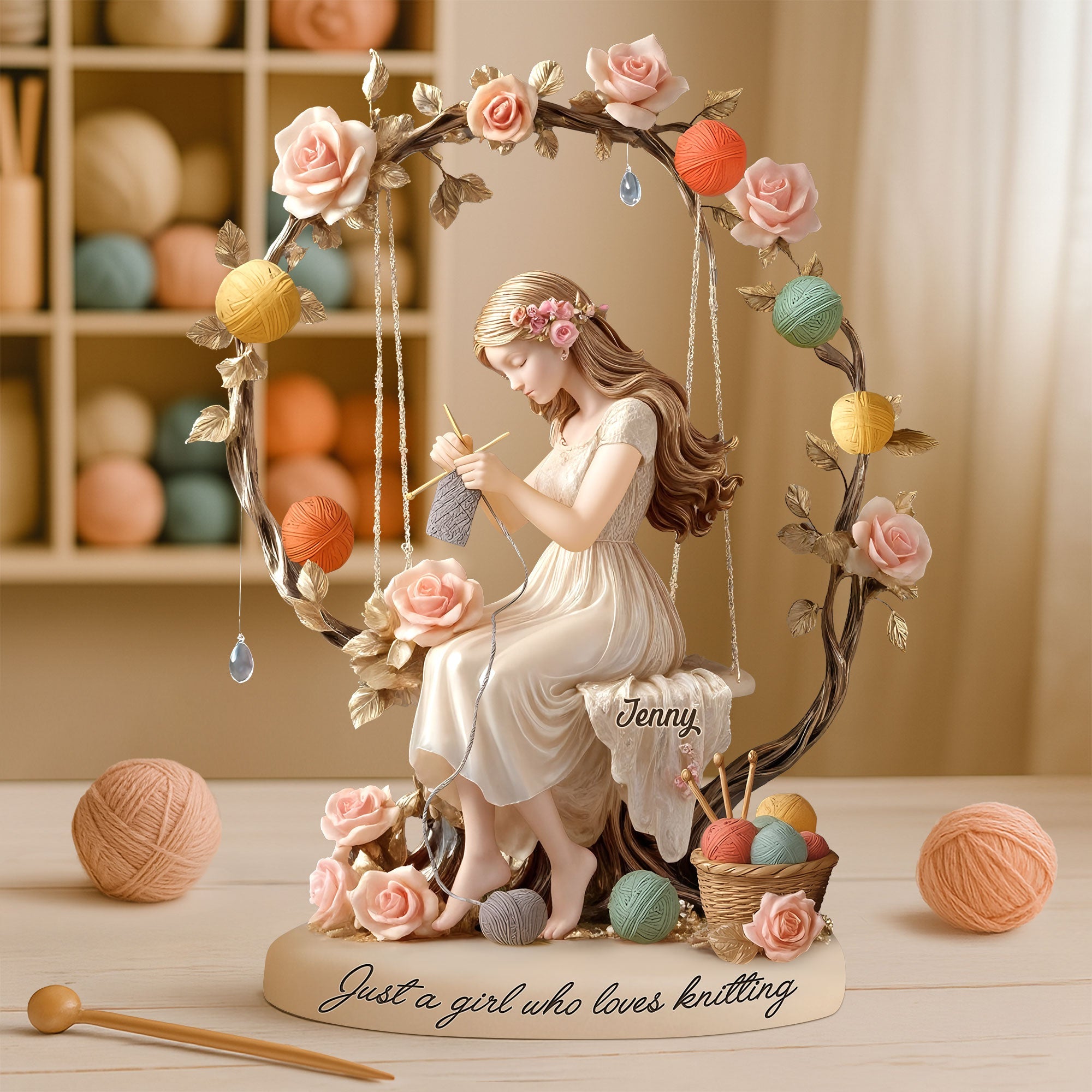 Just a Girl Who Loves Knitting - Dreamy Knitting Girl Plaque | Personalized Gift for Knitting Lovers Shaped Plaques PopCulturePrints