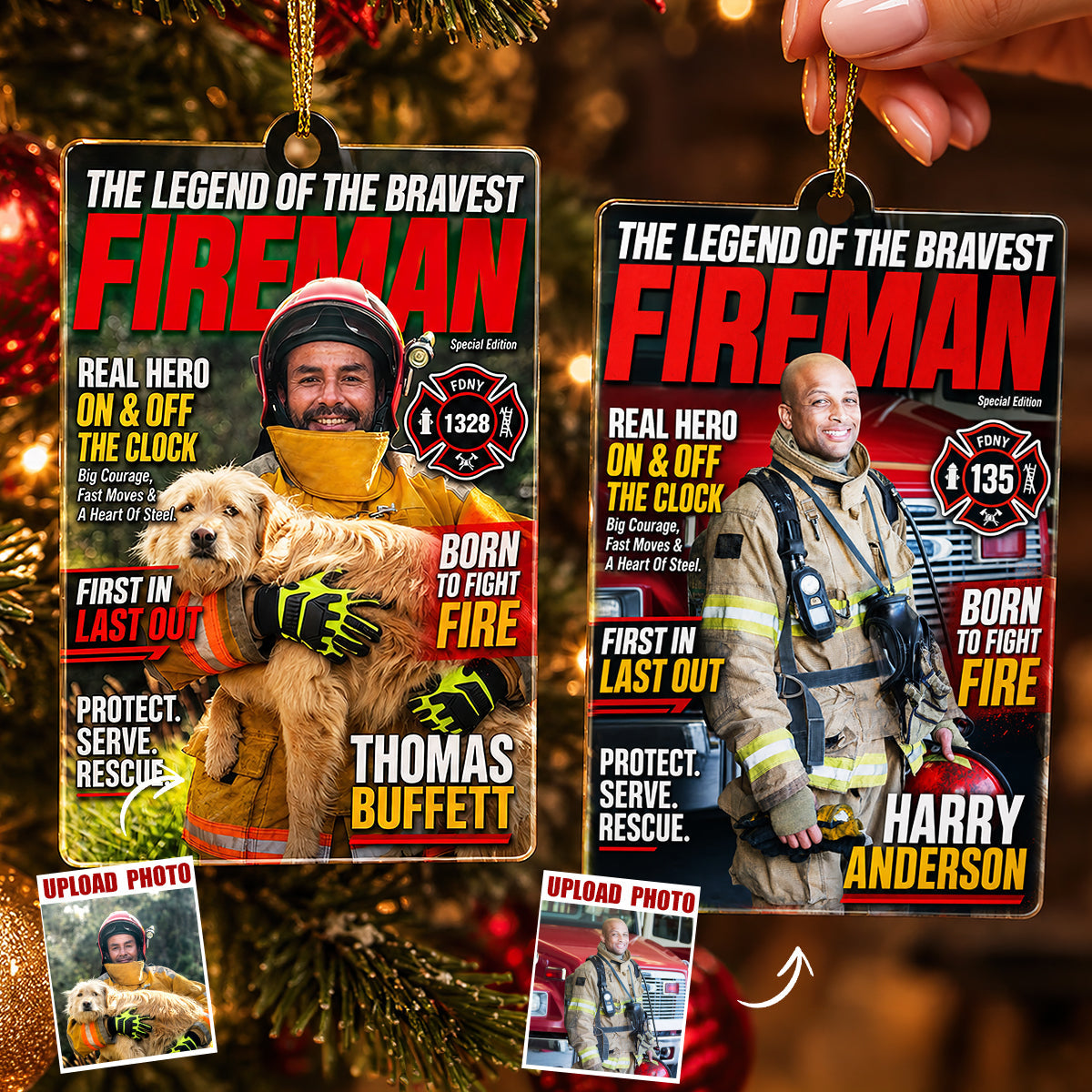 The Legend of the Bravest Firefighter Ornament - Custom Photo Keepsake Gift for Heroes Ornament PopCulturePrints