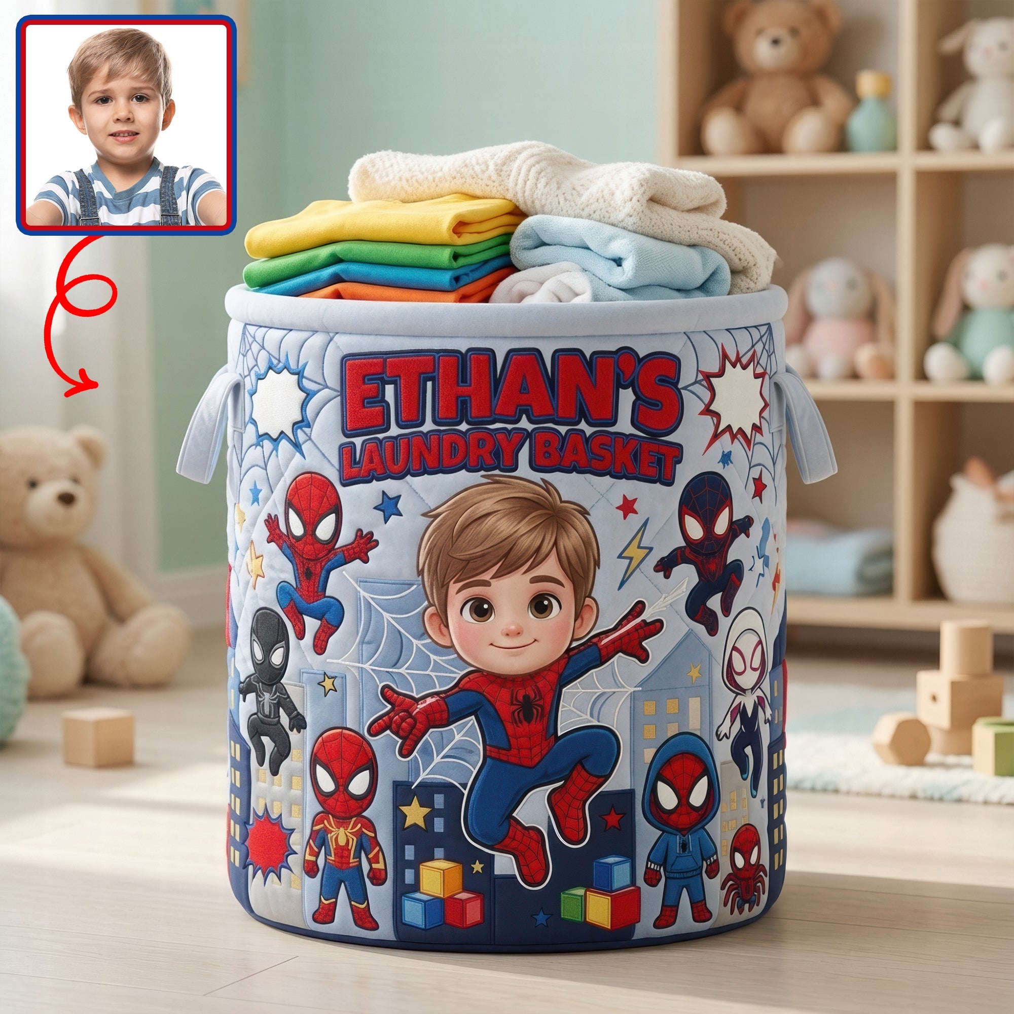 "Every Hero Needs a Home" - Personalized Custom Photo Little Hero Quilted Laundry Basket - Gift for Kids