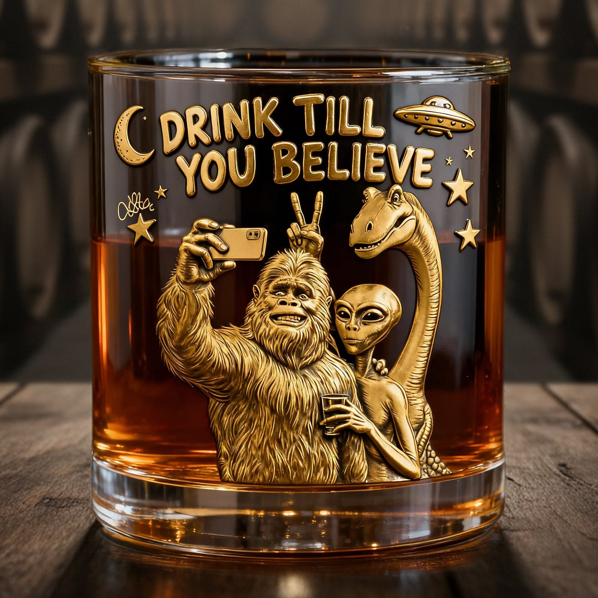 "Drink Till You Believe" - Fun Forest Giant & Friends Selfie Glass - Personalized Gift for Drinking Lovers & Cryptid Creatures Enthusiasts Glass PopCulturePrints
