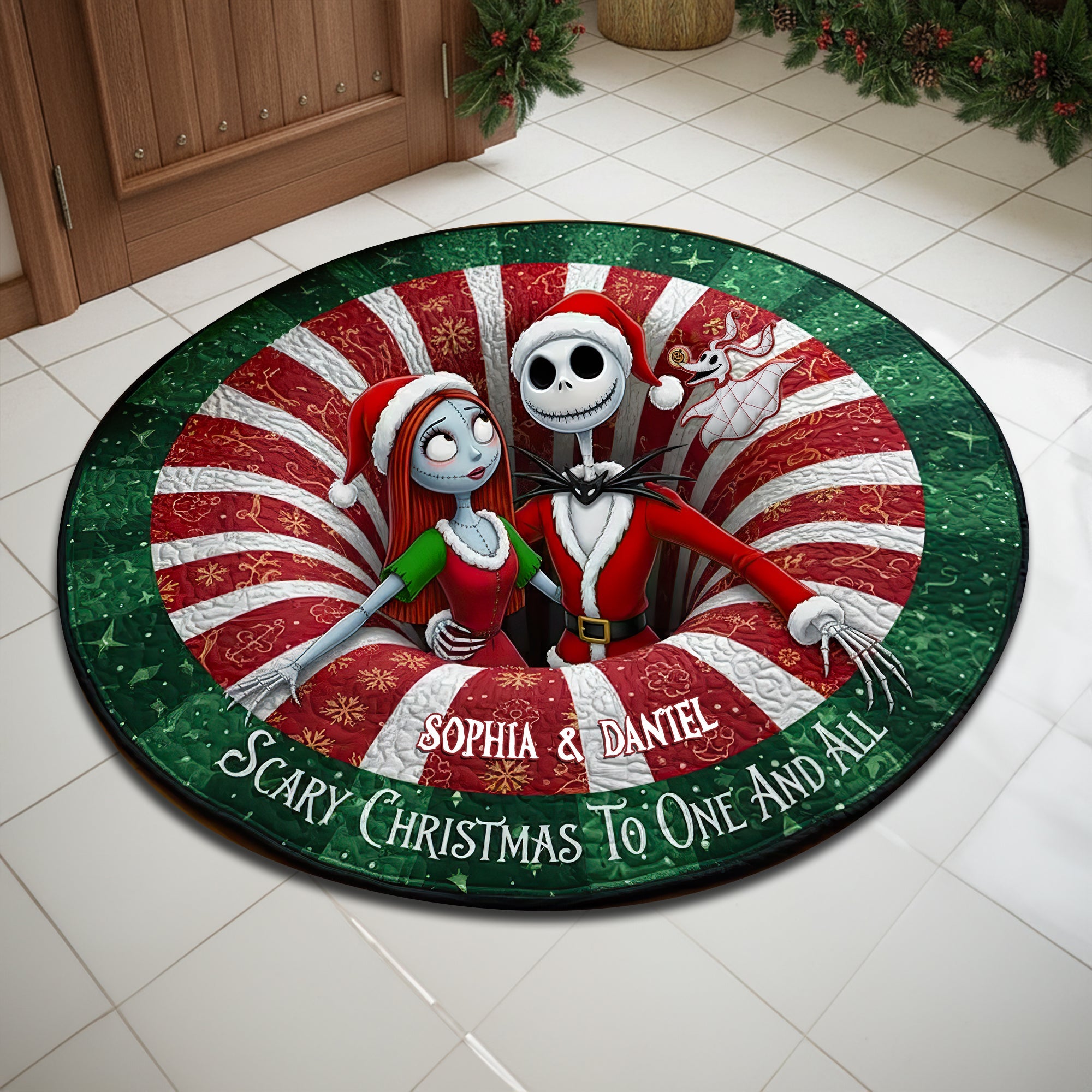 "Scary Christmas To One And All" - Personalized Creepy Cute Couple Round Mat - Unique Gift for Couples Doormat PopCulturePrints