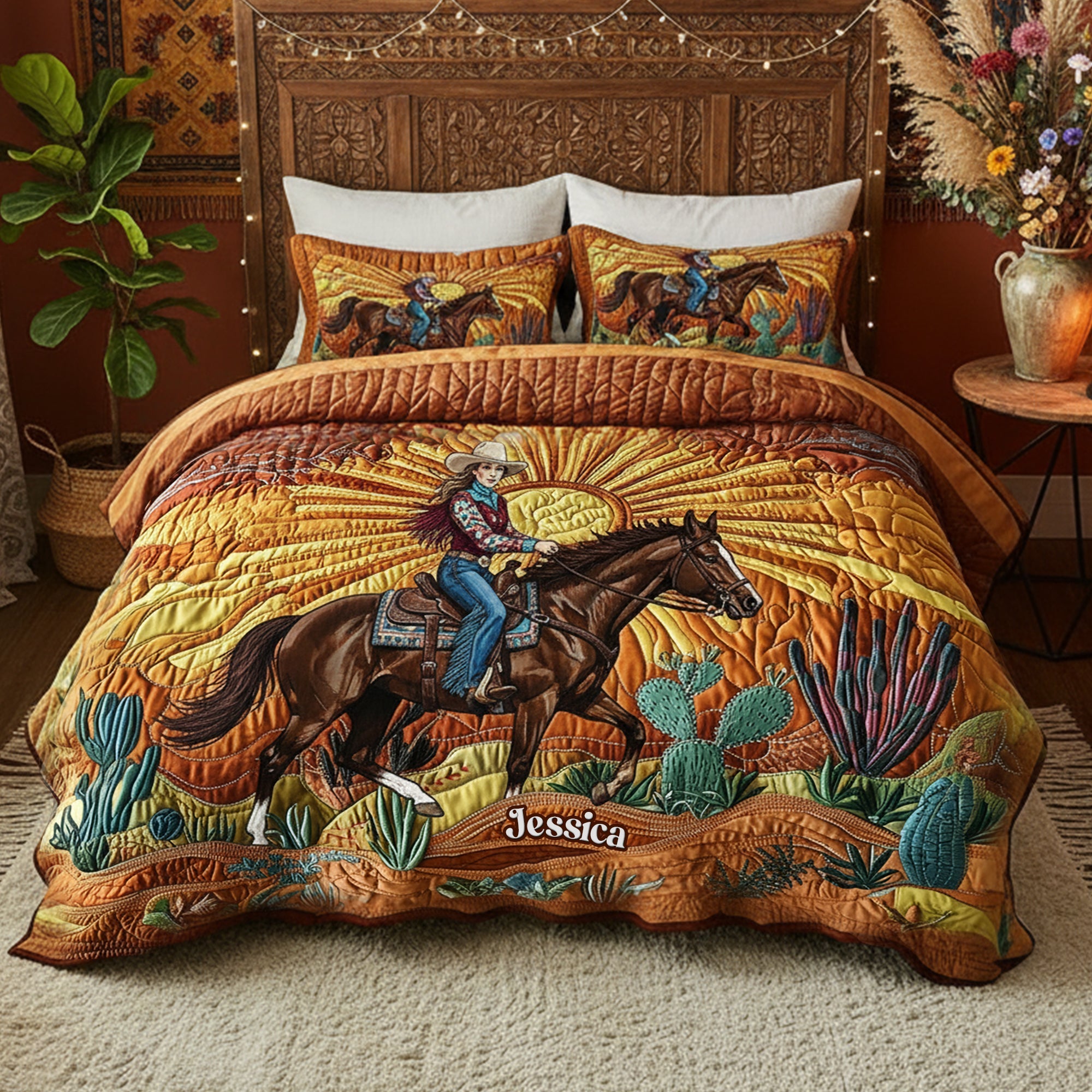 "Ride into the sunset with style!" - Desert Sunset Cowgirl Quilt Bedding Set - Personalized Gift for Cowgirls Bedding Set PopCulturePrints