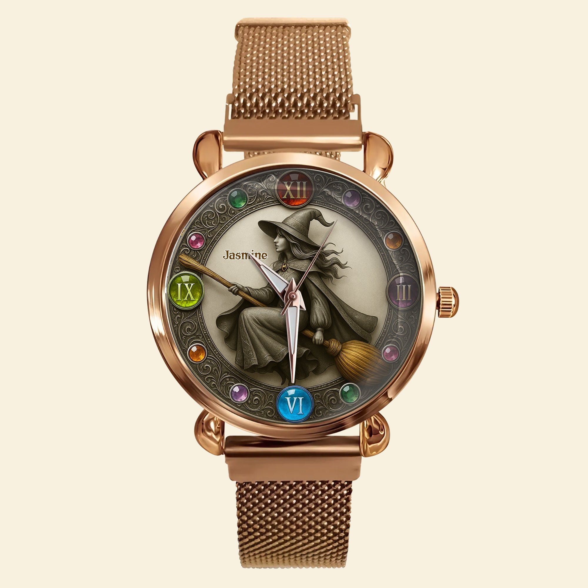 “Embrace the Mystique” - Mystical Witch On Broom Mesh Straps Watch - Personalized Gift for Witch Lovers Quartz Watch PopCulturePrints