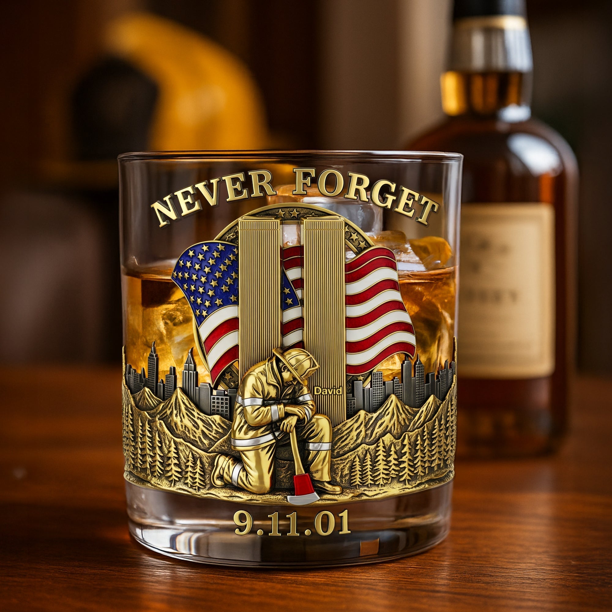 “Never Forget” - Custom 911 Firefighter Whiskey Glass - Personalized Gift for Firefighters, Heroes, and First Responders Whiskey Glass PopCulturePrints