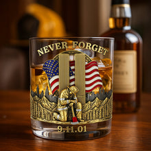 Load image into Gallery viewer, “Never Forget” - Custom 911 Firefighter Whiskey Glass - Personalized Gift for Firefighters, Heroes, and First Responders Whiskey Glass PopCulturePrints
