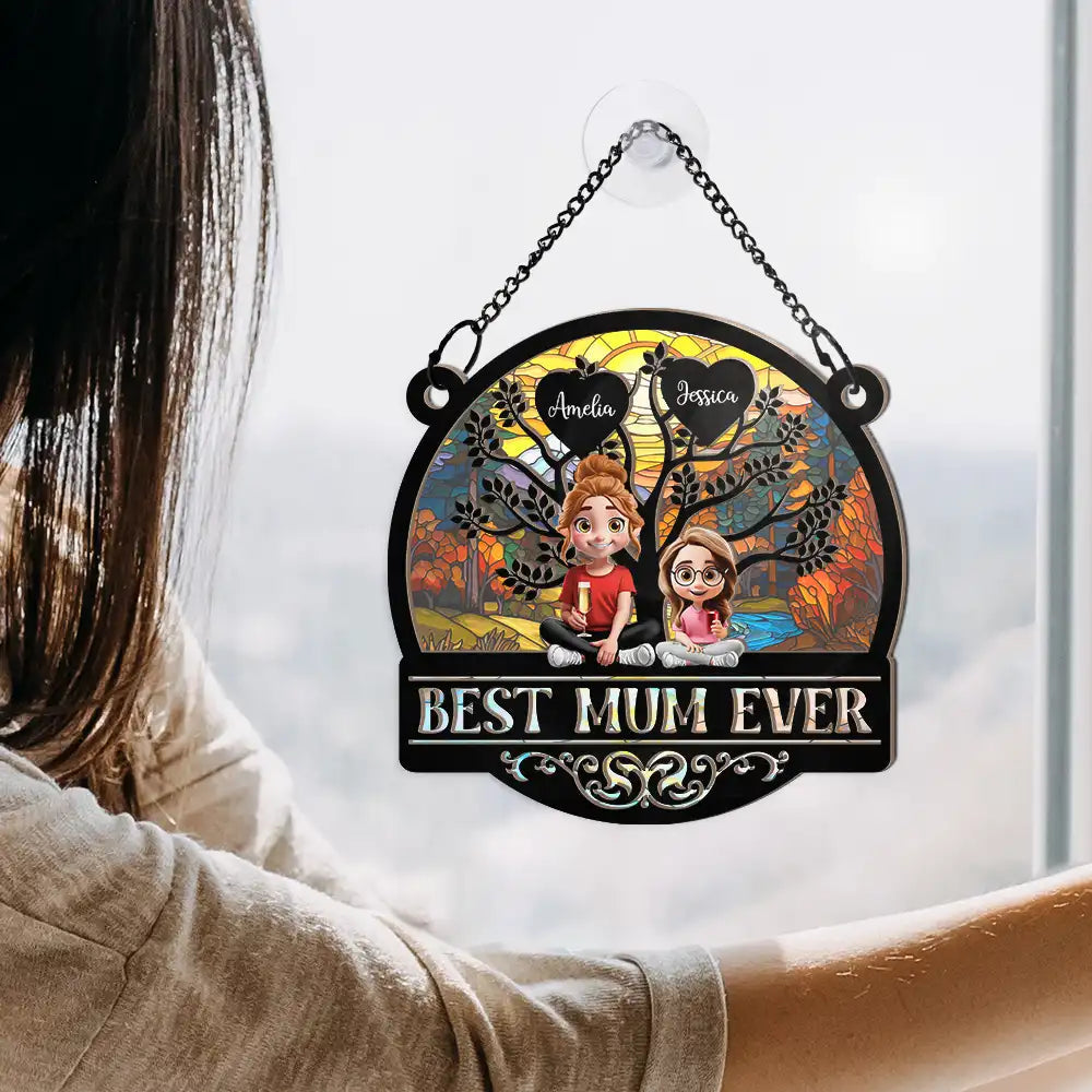 "Best Mom Ever" - Personalized Window Hanging Suncatcher Ornament - Custom Gift for Mom and Grandma Suncatcher Ornament PopCulturePrints