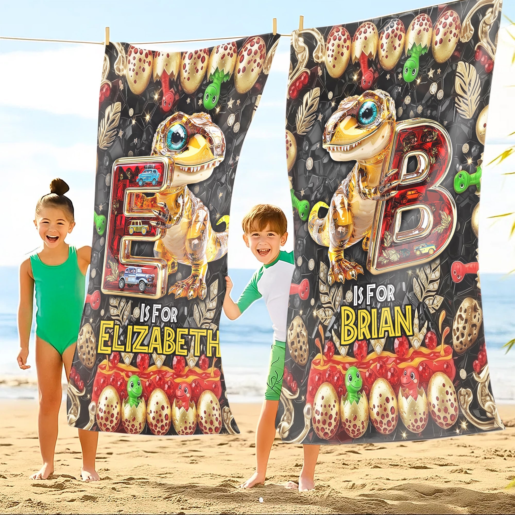 Dino Alphabet Letter Beach Towel - Personalized Gifts for Movie Lovers Beach Towel PopCulturePrints