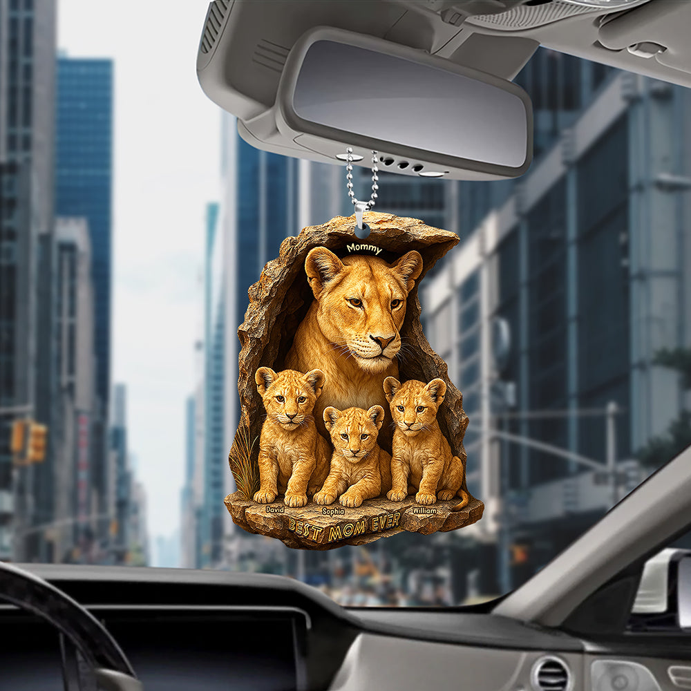 "Best Mom Ever" - Personalized Lion Mom & Little Cubs Car Ornament - Custom Gift for Mom, Grandma, and More Ornament PopCulturePrints