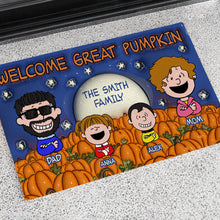 Load image into Gallery viewer, Personalized Family Halloween Doormat - Welcome Great Pumpkin
