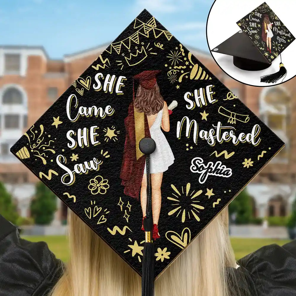 She Came, She Saw, She Mastered - Personalized Graduation Cap Topper Graduation Cap Topper PopCulturePrints