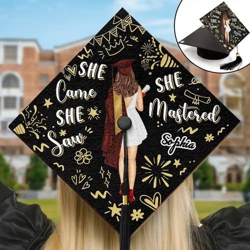 She Came, She Saw, She Mastered - Personalized Graduation Cap Topper Graduation Cap Topper PopCulturePrints