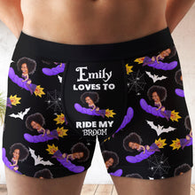 Load image into Gallery viewer, Personalized Halloween Men&#39;s Boxers - Loves To Ride My Broom
