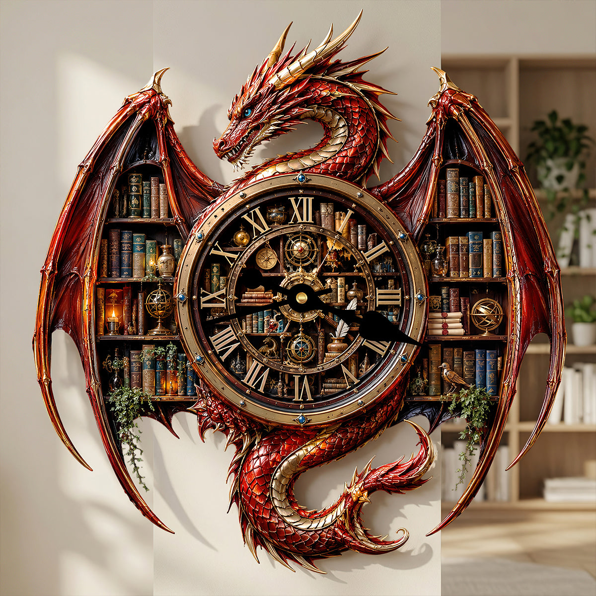 “Time is the essence of knowledge” - Vintage Dragon Bookstore Wall Hanging Clock, Personalized Gift for Book Lovers Hanging Wall Clock PopCulturePrints